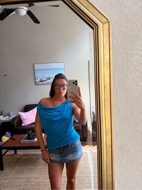 Vintage Women’s Draped Off-Shoulder Top in Bright Blue